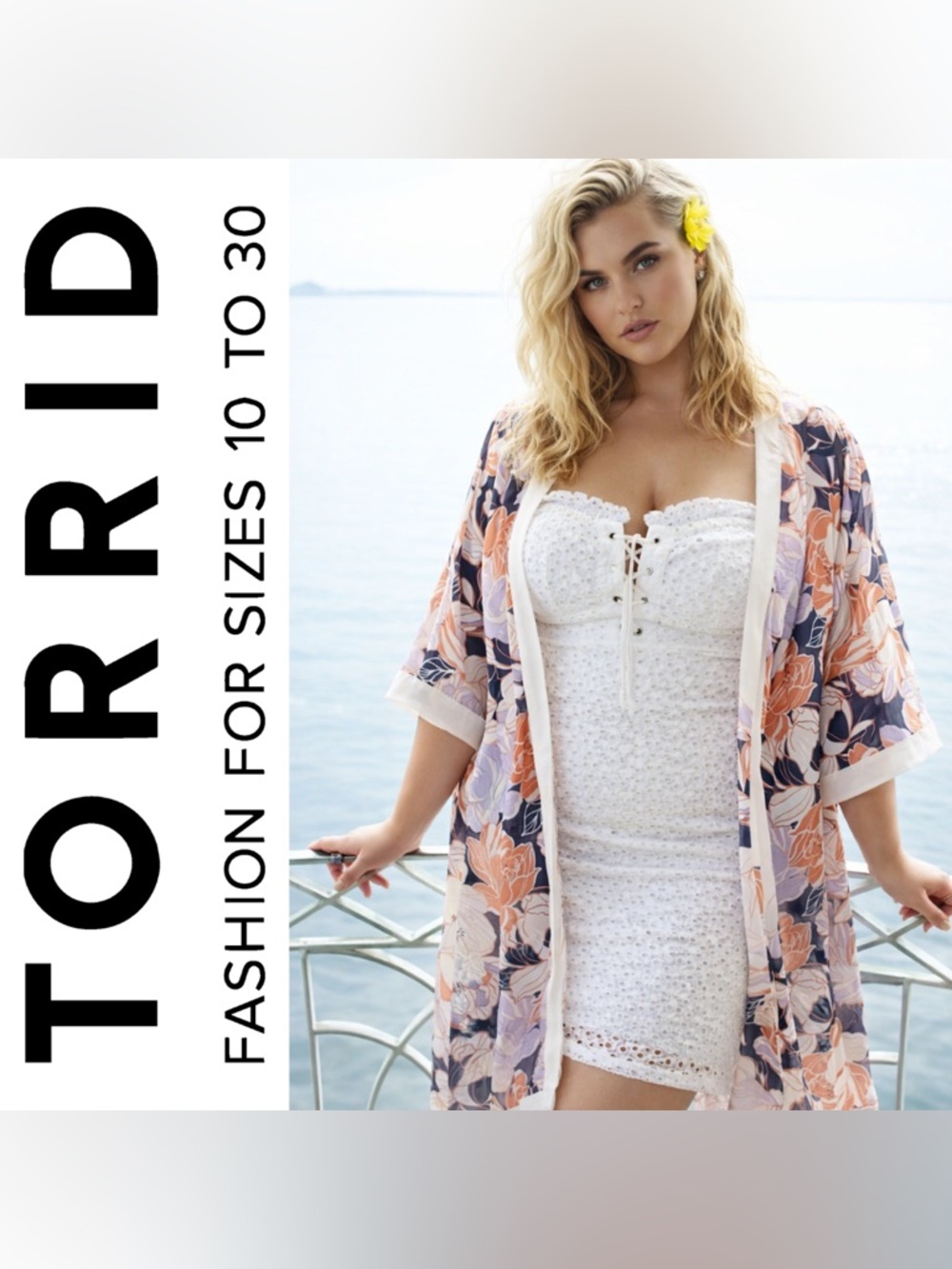 Torrid Cream, Blue & Orange Floral Chiffon Kimono Duster, Large, EUC!